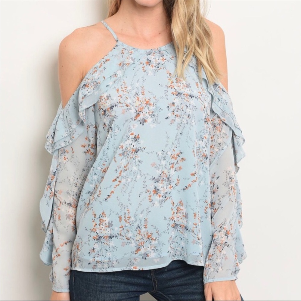SOLD OUT Light blue floral cold shoulder top, ruffle detail